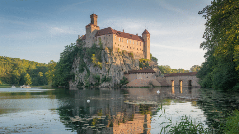 Mittelalterliche Burg Bodenstein auf einem bewaldeten Bergsporn im Eichsfeld bei Sonnenlicht