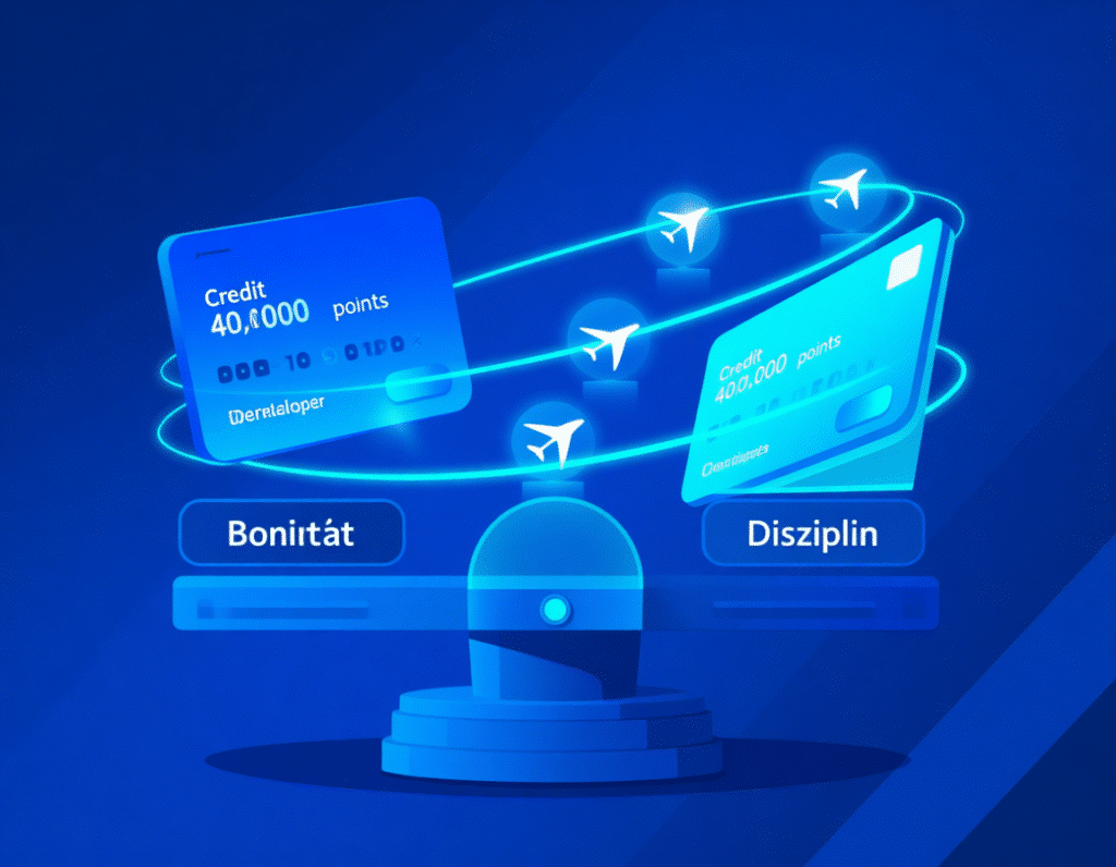 Credit cards with mileage bonuses (40,000 points) rotating like a carousel, connected to flight icons—overlaid on a balance scale showing “Bonität” vs. “Disziplin” in equilibrium.

