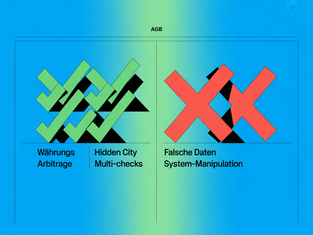Two columns: green checkmarks (Währungsarbitrage, Hidden City, Multi-checks) vs. red X (falsche Daten, System-Manipulation)—divided by a subtle “AGB” line.
