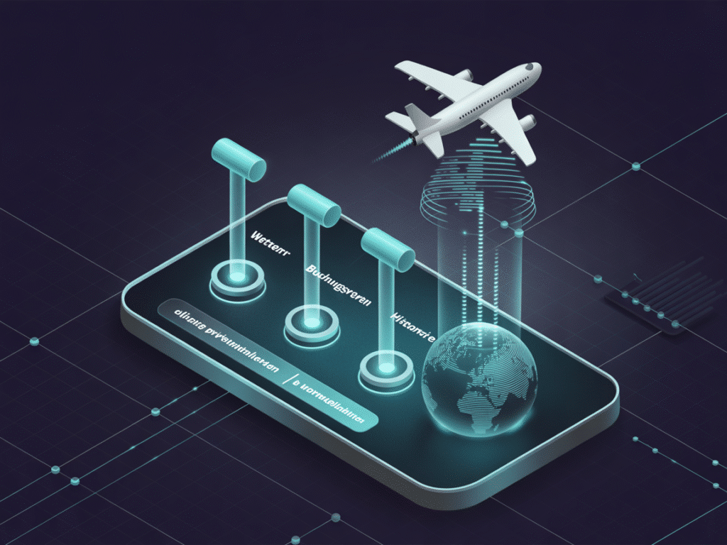 A stylized airline pricing algorithm visualized as a futuristic control panel with glowing blue levers labeled “Wetter,” “Buchungsverhalten,” and “Historie,” connected to a globe with real-time data pulses.
Aspect Ratio: 4:3 (Horizontal)
Style: A modern editorial vector illustration featuring a predominantly vivid blue color palette with various cool-toned shades.
