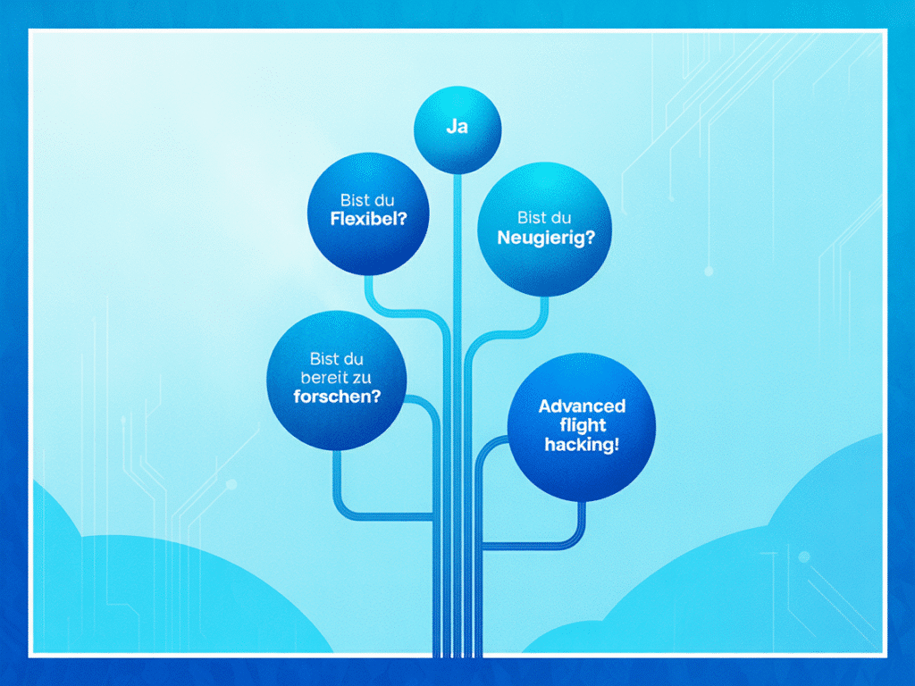 A decision tree: “Bist du flexibel? → Ja → Bist du neugierig? → Ja → Bist du bereit zu forschen? → Ja → ADVANCED FLIGHT HACKING!” in clean blue nodes.
