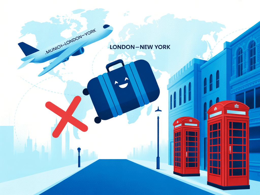 A clever split-route graphic: a suitcase hops off a plane in London (Munich–London–New York) while a red “X” blocks the onward leg—set against a translucent map with dotted “Hidden City” lines.
Aspect Ratio: 4:3 (Horizontal)
Style: A modern editorial vector illustration featuring a predominantly vivid blue color palette with various cool-toned shades.