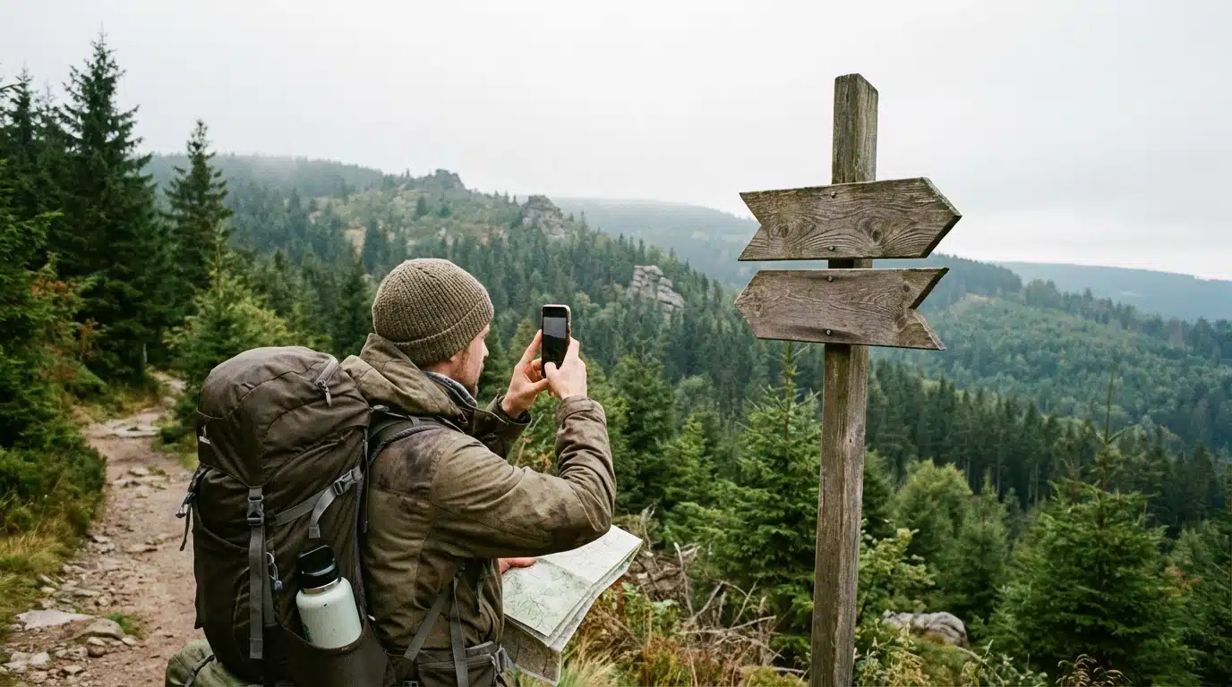 Wanderer blickt auf die Schrammsteine in der Sächsischen Schweiz bei einer Budget-Wanderung in Deutschland.