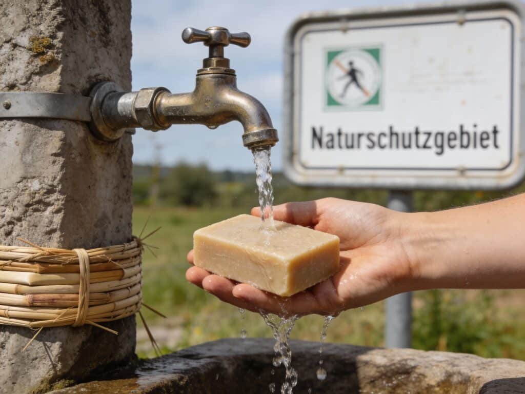 Eine Hand hält ein Stück feste Naturseife unter einen Wasserhahn im Freien. Im Hintergrund unscharf ein Schilfgürtel und ein „Naturschutzgebiet“-Schild.