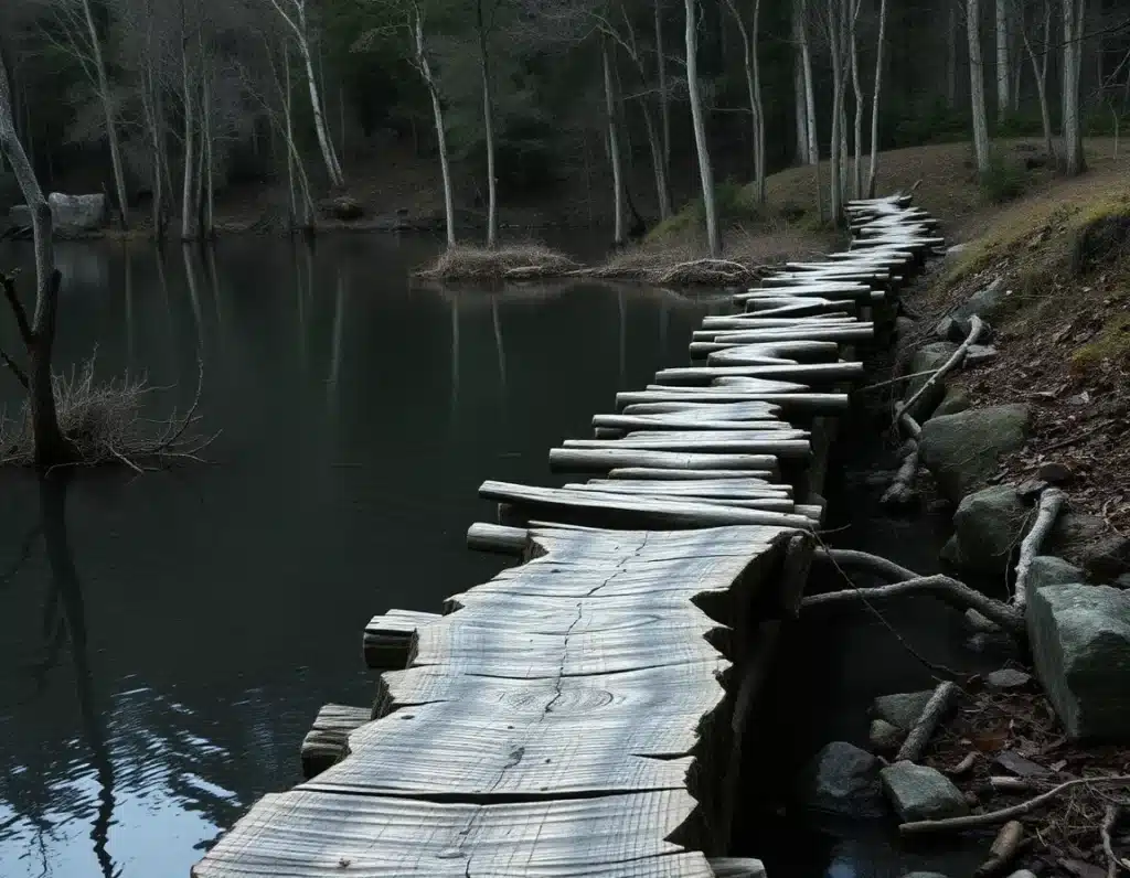 Ein Holzbohlensteg, der durch ein nebliges Hochmoor führt, im Hintergrund dunkles Wasser und abgestorbene silberne Fichtenstämme, fotorealistisch, 8k