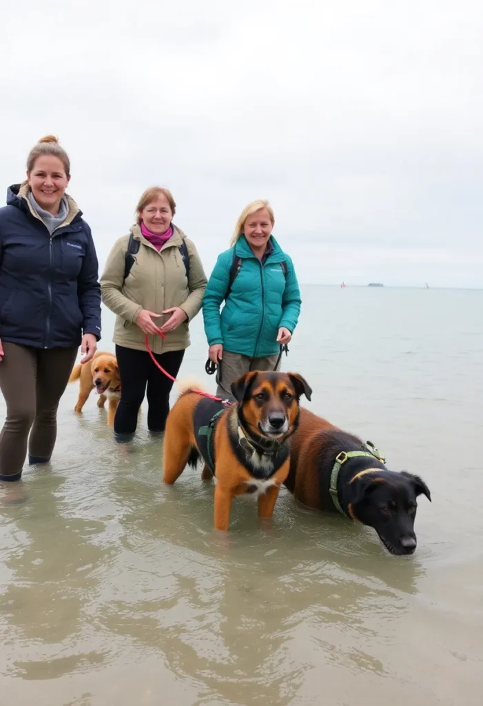Eine Gruppe von Menschen mit ihren Hunden unternimmt eine Wattwanderung an der Nordsee. Der Himmel ist wolkenverhangen, das Wasser steht kniehoch. Die Gruppe lächelt in die Kamera, während die Hunde neugierig das Wasser beschnuppern. Im Hintergrund sind die charakteristischen Priele des Watts zu sehen.