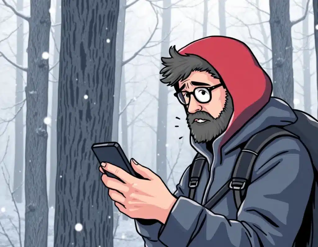 Ein Wanderer schaut verzweifelt auf ein Smartphone mit "Kein Netz" Symbol, umgeben von dichtem Nebel und Totholz, illustrativer Sti