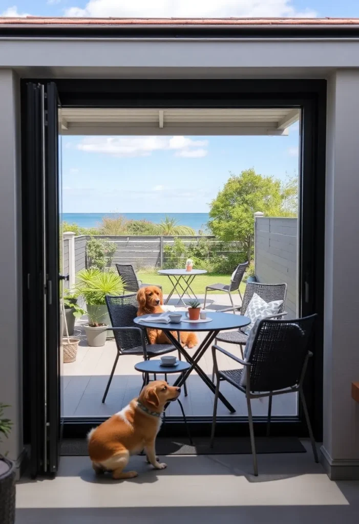 Eine moderne Ferienwohnung mit Blick auf die Nordsee, im Erdgeschoss gelegen mit direktem Zugang zu einer gemütlichen Terrasse mit Gartenmöbeln. Im Garten sieht man einen mittelgroßen Hund, der zufrieden auf dem Rasen liegt. Die Einrichtung ist modern und einladend, mit hellen Farben und maritimen Dekorationselementen.