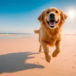 Ein glücklicher Golden Retriever sprintt begeistert über einen weiten Sandstrand an der Nordsee, während im Hintergrund die charakteristischen Deiche und ein strahlend blauer Himmel zu sehen sind. Die Morgenluft ist frisch, und der Hund scheint das Wasser zu lieben. Die Szene vermittelt Freiheit und Freude am Urlaub.