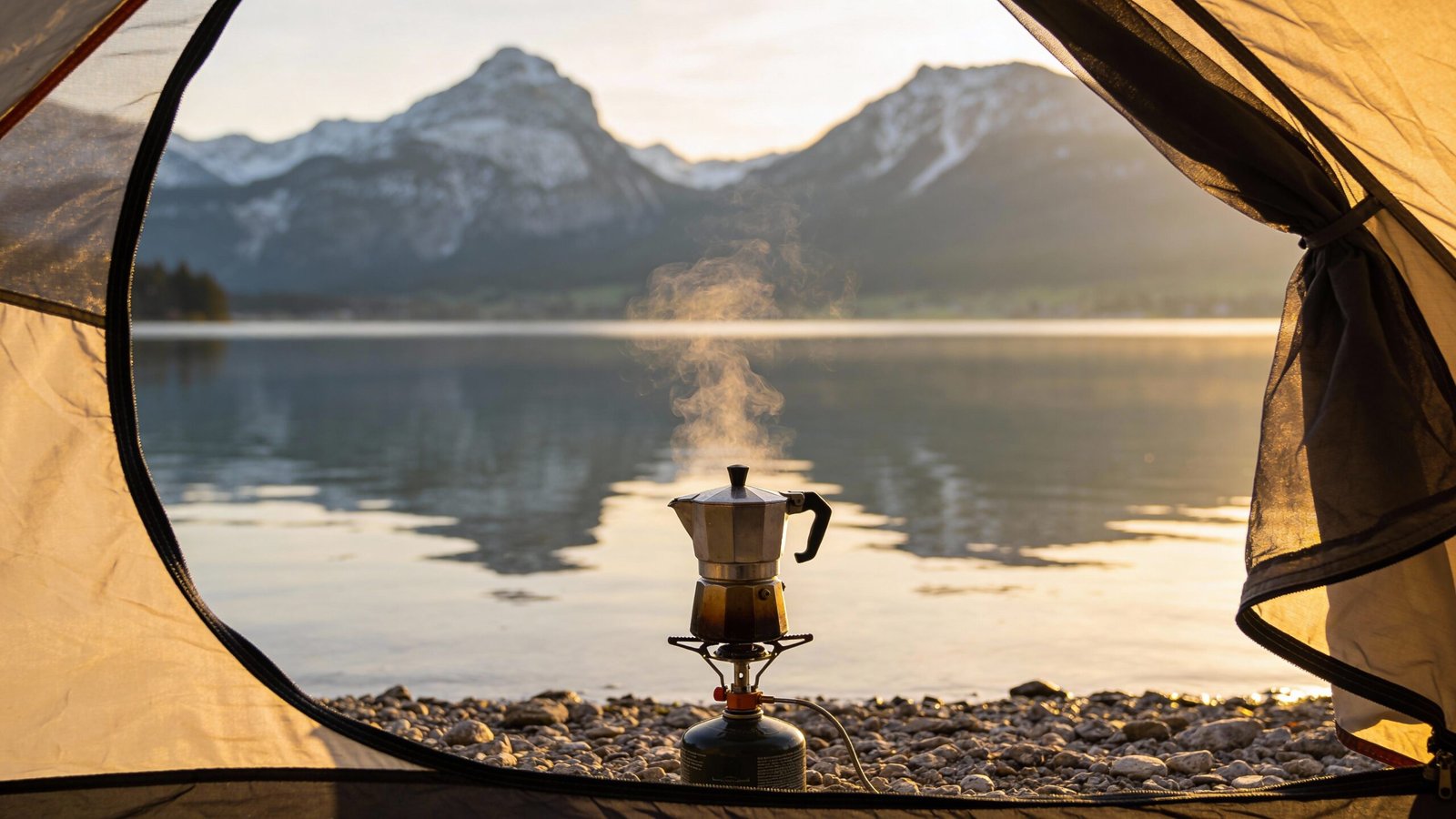 Ein halboffenes Zelt direkt am Kiesufer eines bayerischen Sees. Im Vordergrund ein Gaskocher mit dampfendem Kaffee, im Hintergrund unscharf die Alpenkette, die sich im glatten Wasser spiegelt. Morgenlicht.