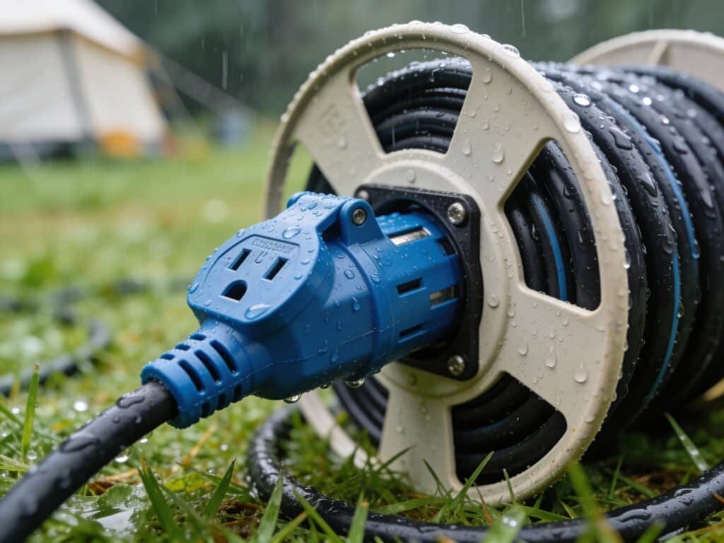 Foto eines blauen CEE-Stromadapters, der in einer Kabeltrommel steckt, die im feuchten Gras liegt. Regentropfen auf dem Kabel. Realistischer „Camping-Alltag“.