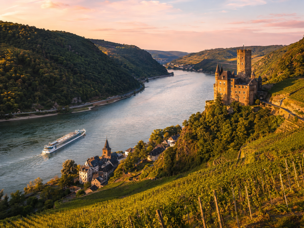 Eine mittelalterliche Burg über dem Rhein im UNESCO-Welterbe Oberes Mittelrheintal mit Weinbergen und Rheintal.